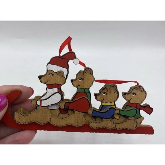 Vintage Wooden Christmas Ornaments Lot 5 Wreath Stocking Nutcracker Hand Painted - Picture 9 of 12